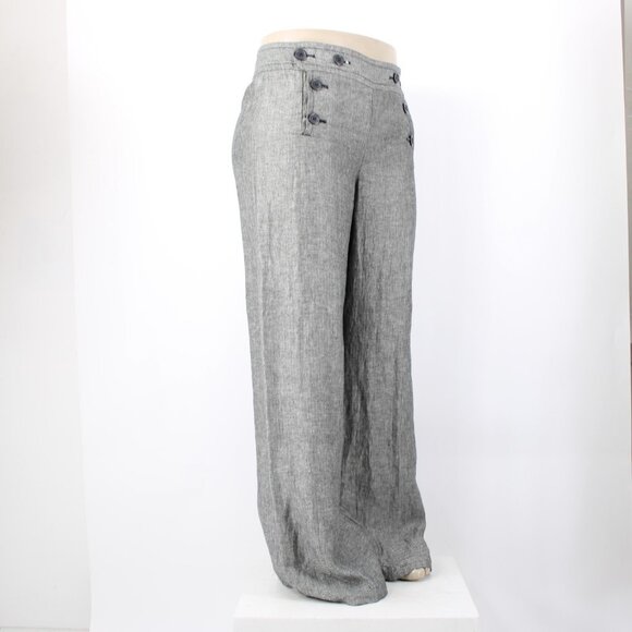 Max Studio Pant $118 Sz 14 x 34 Black White Button Front 100% Linen Pant - Picture 7 of 16